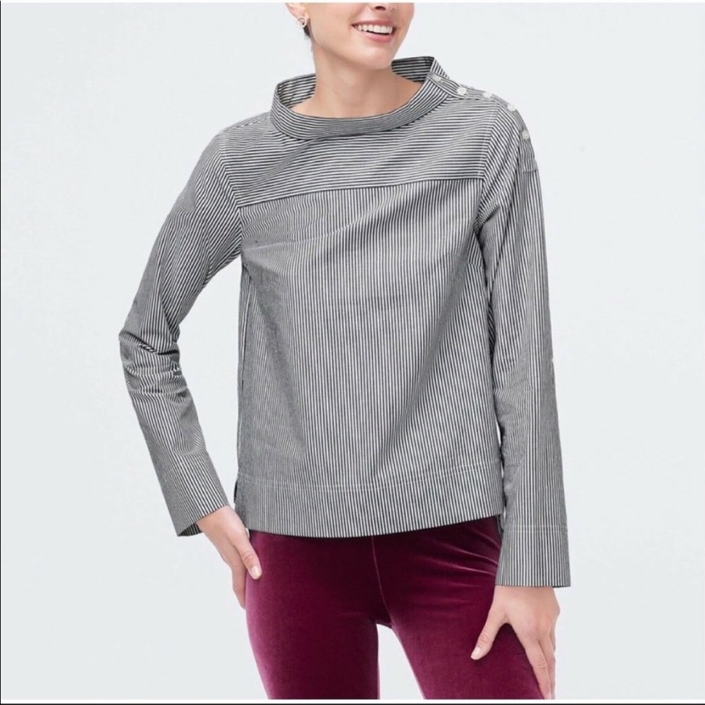 J. Crew Pinstripe Funnel Neck Cotton Sailor
Blouse Top